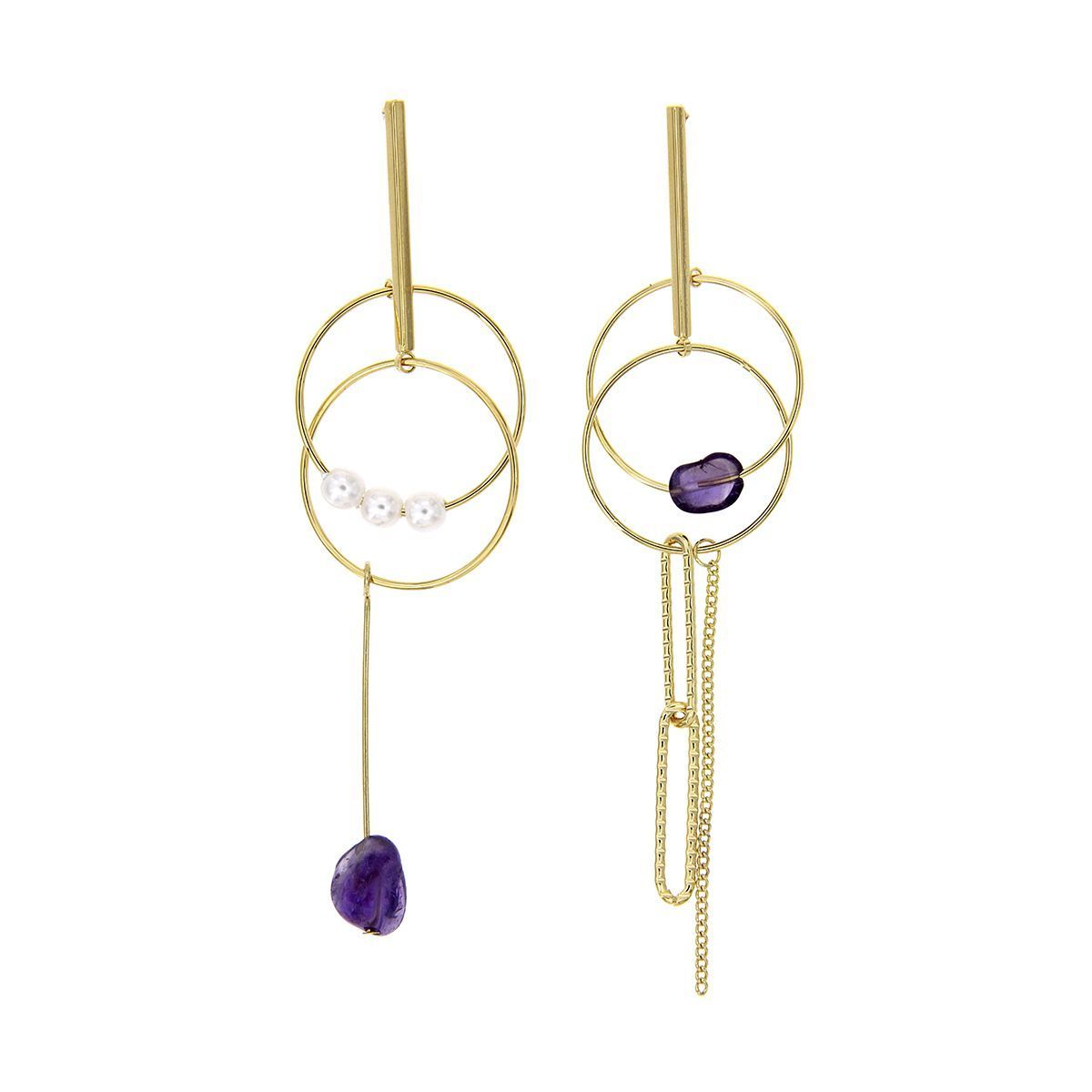 F18504.10-pendientes-largos-original-moderno-diseño-bañados-chapado-oro-piedra-amatista-perlas-blancas-ziane Pendientes desiguales Cadena y Perlas