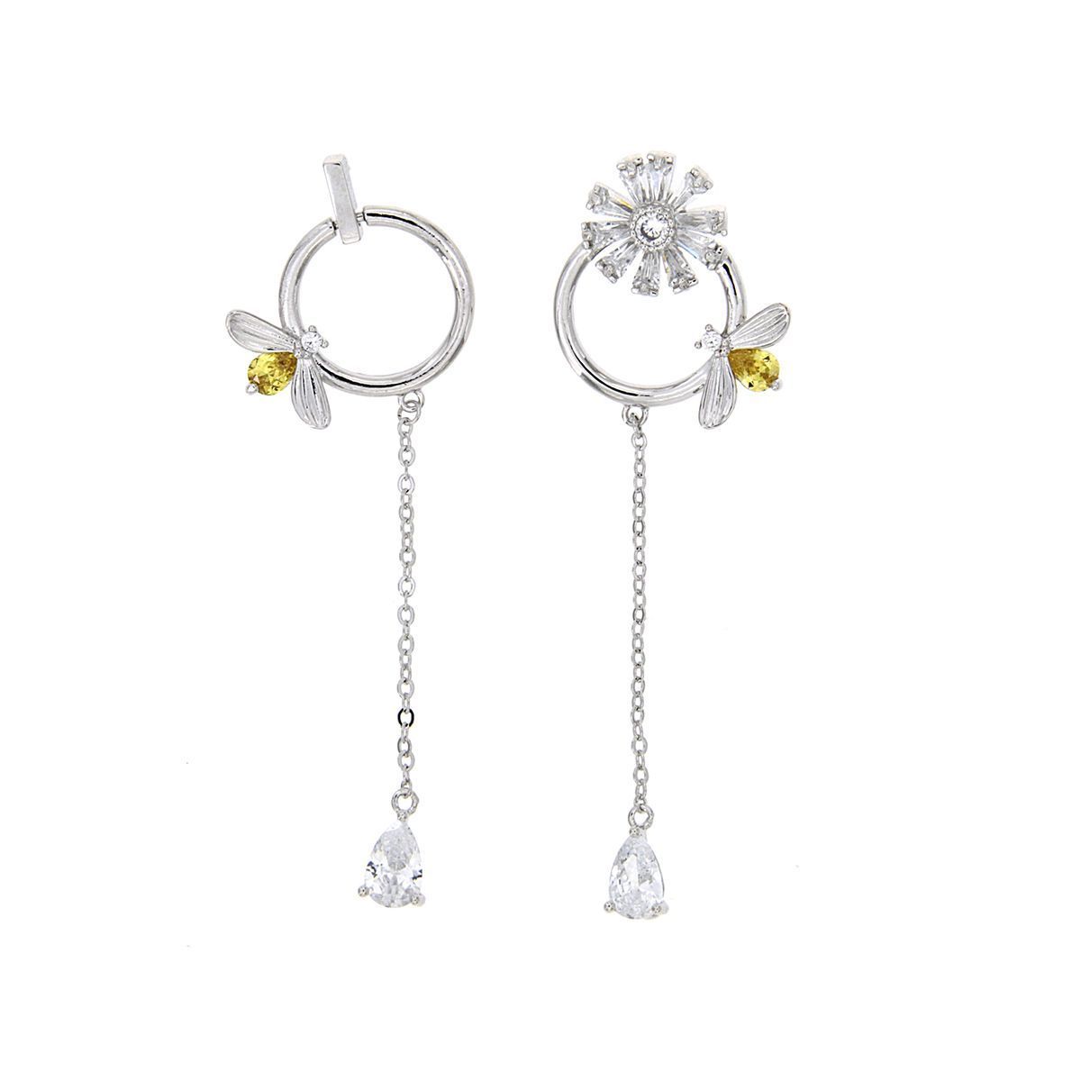 R1-8283-pendientes-largos-mosca-jonquil-circonita-blanca-rodio-ziane Pendientes desiguales Mosca y Cadena
